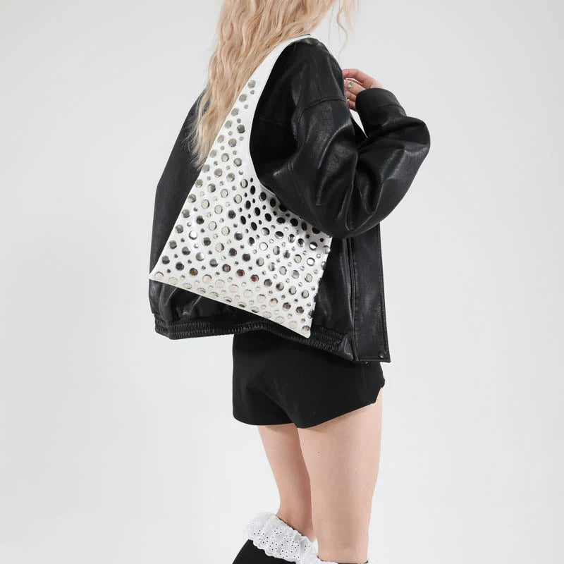 New Summer Rivet Shoulder Bag2025 Brand Fashion High-end Quality Leather Versatile Cool Solid Color Commuter Bucket Underarm Bag