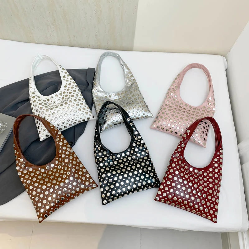 New Summer Rivet Shoulder Bag2025 Brand Fashion High-end Quality Leather Versatile Cool Solid Color Commuter Bucket Underarm Bag