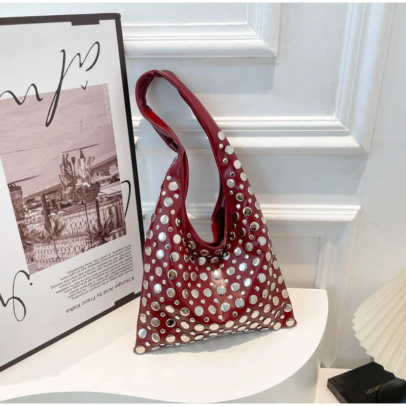 New Summer Rivet Shoulder Bag2025 Brand Fashion High-end Quality Leather Versatile Cool Solid Color Commuter Bucket Underarm Bag