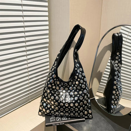 New Summer Rivet Shoulder Bag2025 Brand Fashion High-end Quality Leather Versatile Cool Solid Color Commuter Bucket Underarm Bag